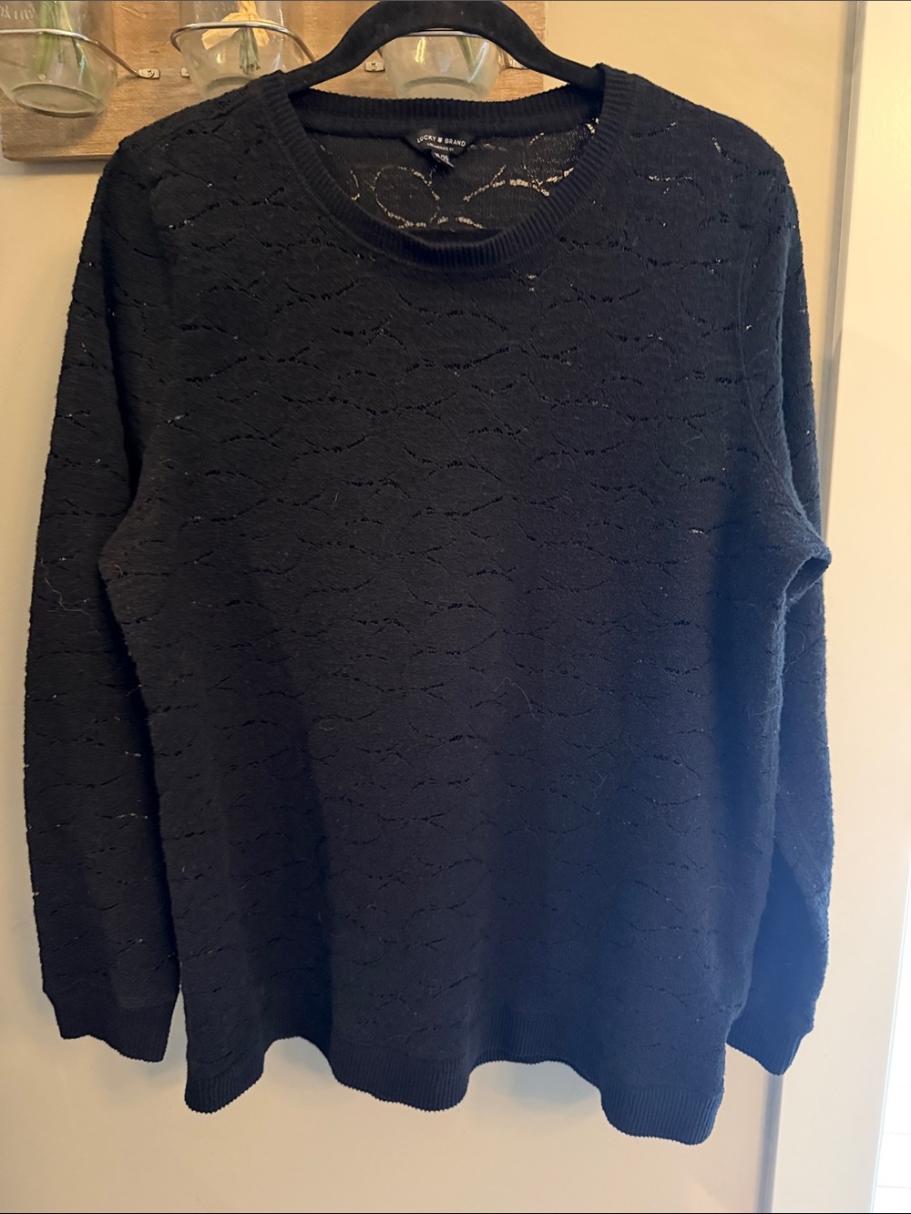 Lucky Brand Black Lace-Pattern Knit Crewneck Sweater